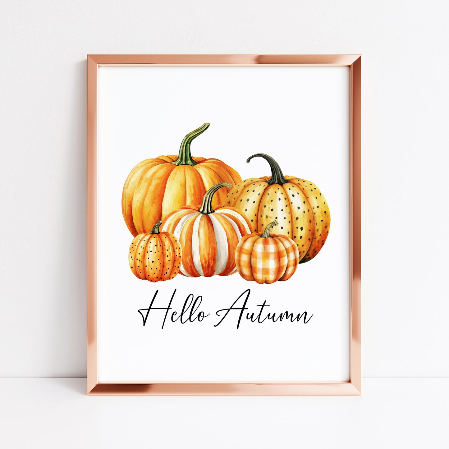 Hello Autumn, watercolour orange spotty bright striped chequered pumpkins fall seasonal unframed wall art poster print autumn home decor