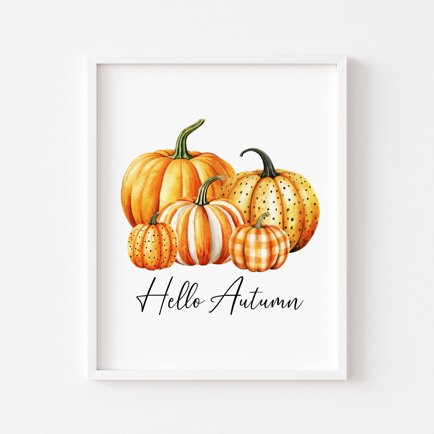 Hello Autumn, watercolour orange spotty bright striped chequered pumpkins fall seasonal unframed wall art poster print autumn home decor