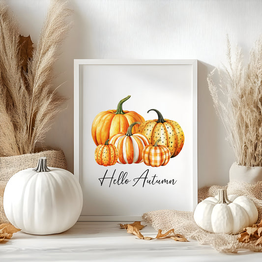 Hello Autumn, watercolour orange spotty bright striped chequered pumpkins fall seasonal unframed wall art poster print autumn home decor