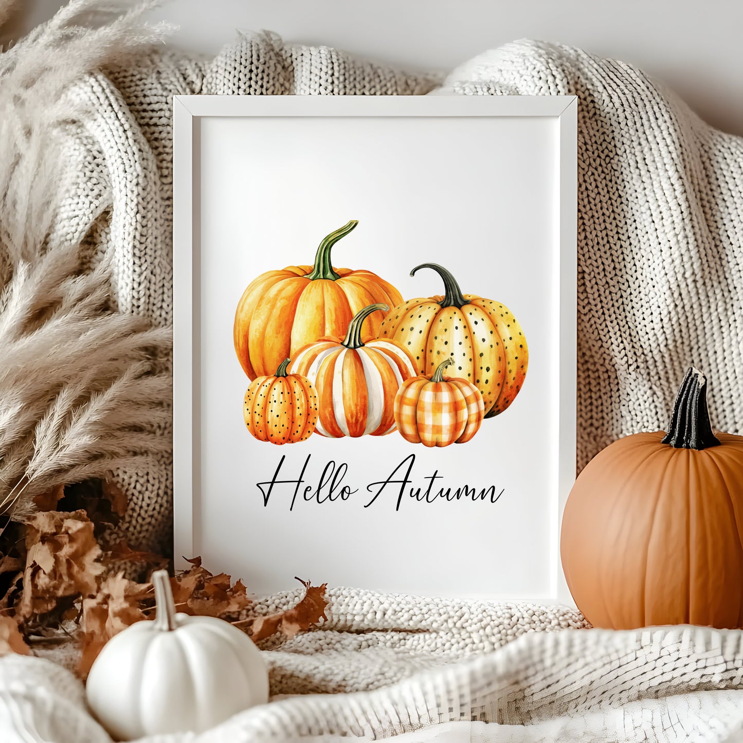 Hello Autumn, watercolour orange spotty bright striped chequered pumpkins fall seasonal unframed wall art poster print autumn home decor