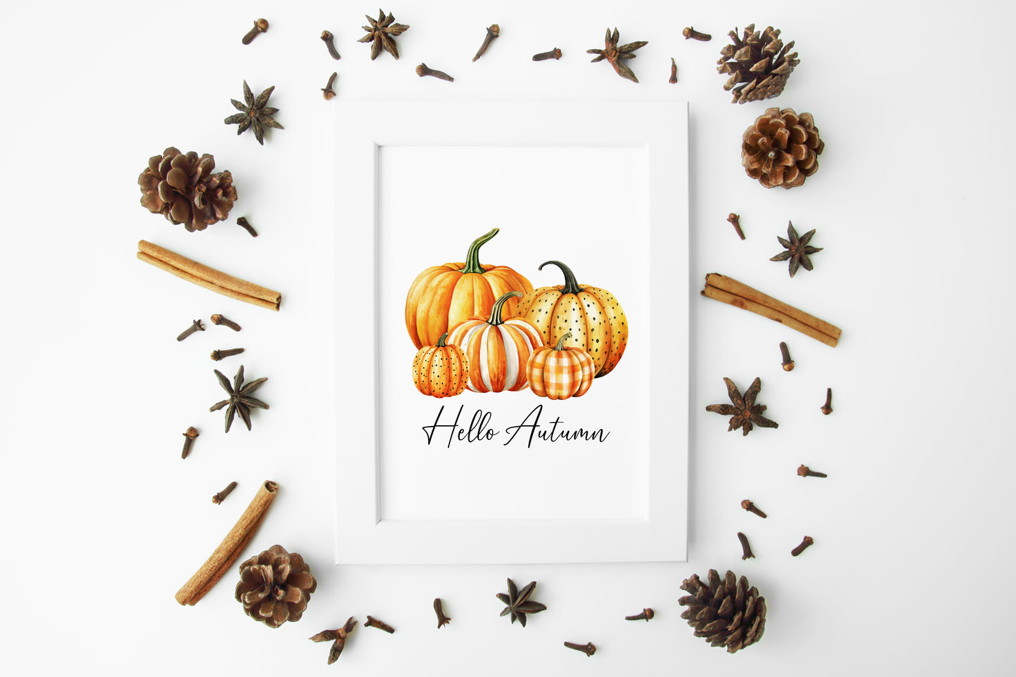 Hello Autumn, watercolour orange spotty bright striped chequered pumpkins fall seasonal unframed wall art poster print autumn home decor