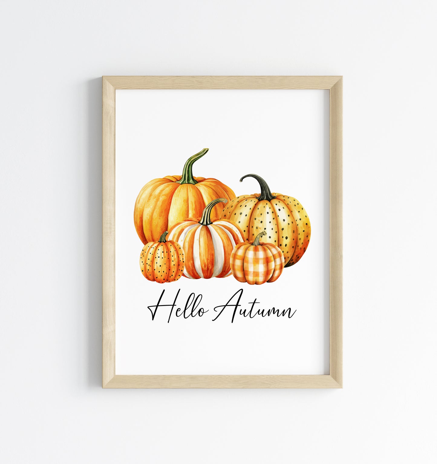 Hello Autumn, watercolour orange spotty bright striped chequered pumpkins fall seasonal unframed wall art poster print autumn home decor