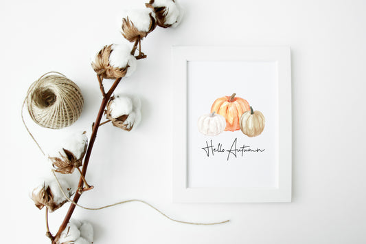 Hello Autumn watercolour pumpkin trio seasonal fall unframed wall art poster print