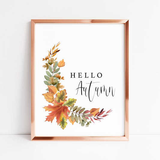 Hello Autumn watercolour foliage leaves bouquet unframed wall art poster print