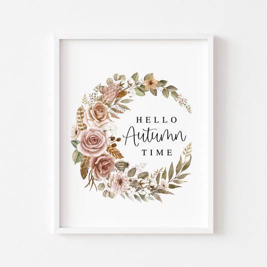Fall Wreath Print Hello Autumn time botanical Watercolour seasonal unframed art
