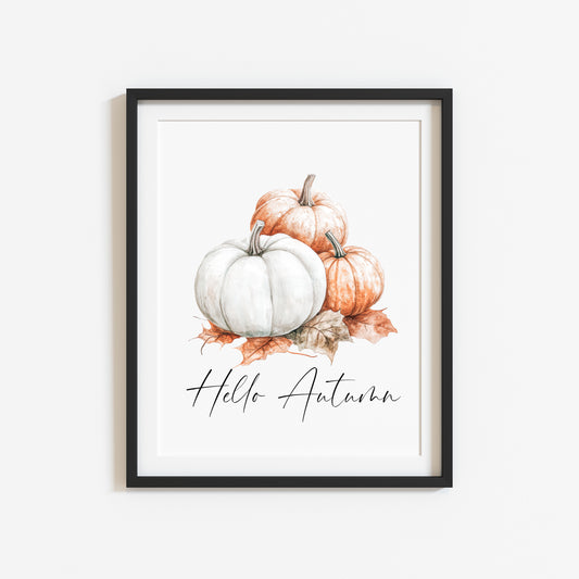 Hello Autumn orange white pumpkins leaves foliage watercolour pumpkin trio seasonal unframed wall art poster print