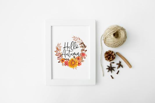Hello Autumn watercolour sunflower floral wreath seasonal unframed wall art poster print