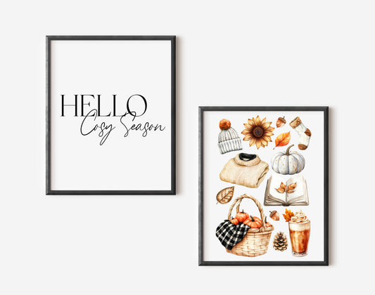 Set of 2 Hello Autumn Prints Hello Cosy season fall mood board unframed wall art poster prints