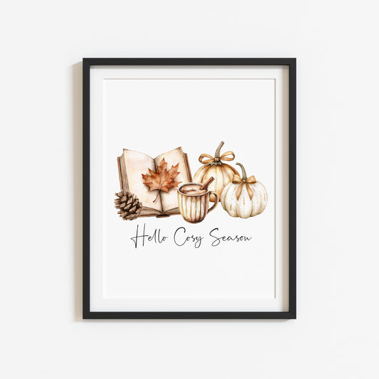 Autumn print, Hello Cosy season pumpkins books autumn unframed wall art poster print, autumn decor, autumn home decor, fall favourites
