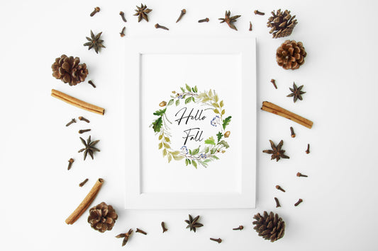 Hello Fall Acorn foliage wreath watercolour seasonal unframed wall art poster print