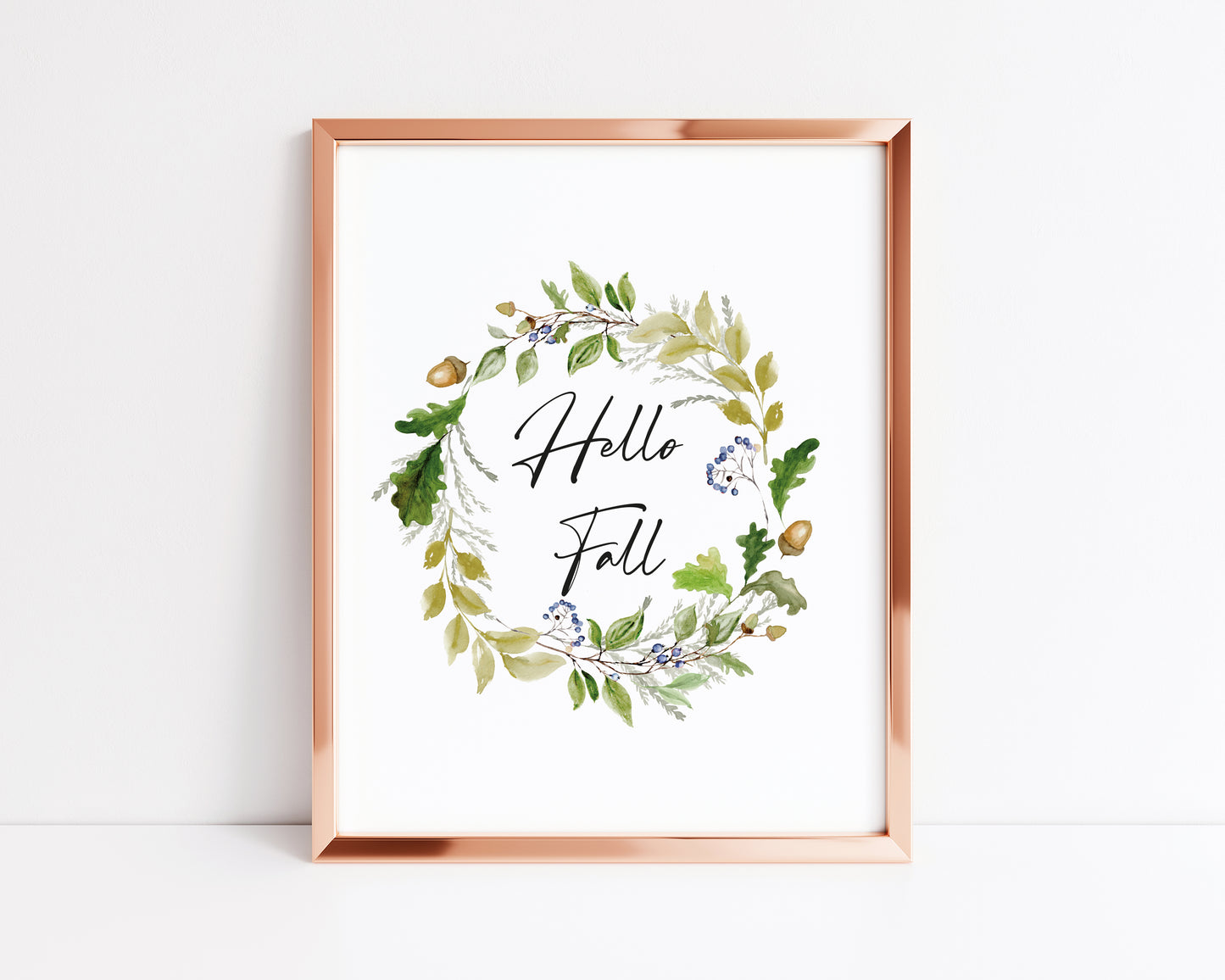 Hello Fall Acorn foliage wreath watercolour seasonal unframed wall art poster print