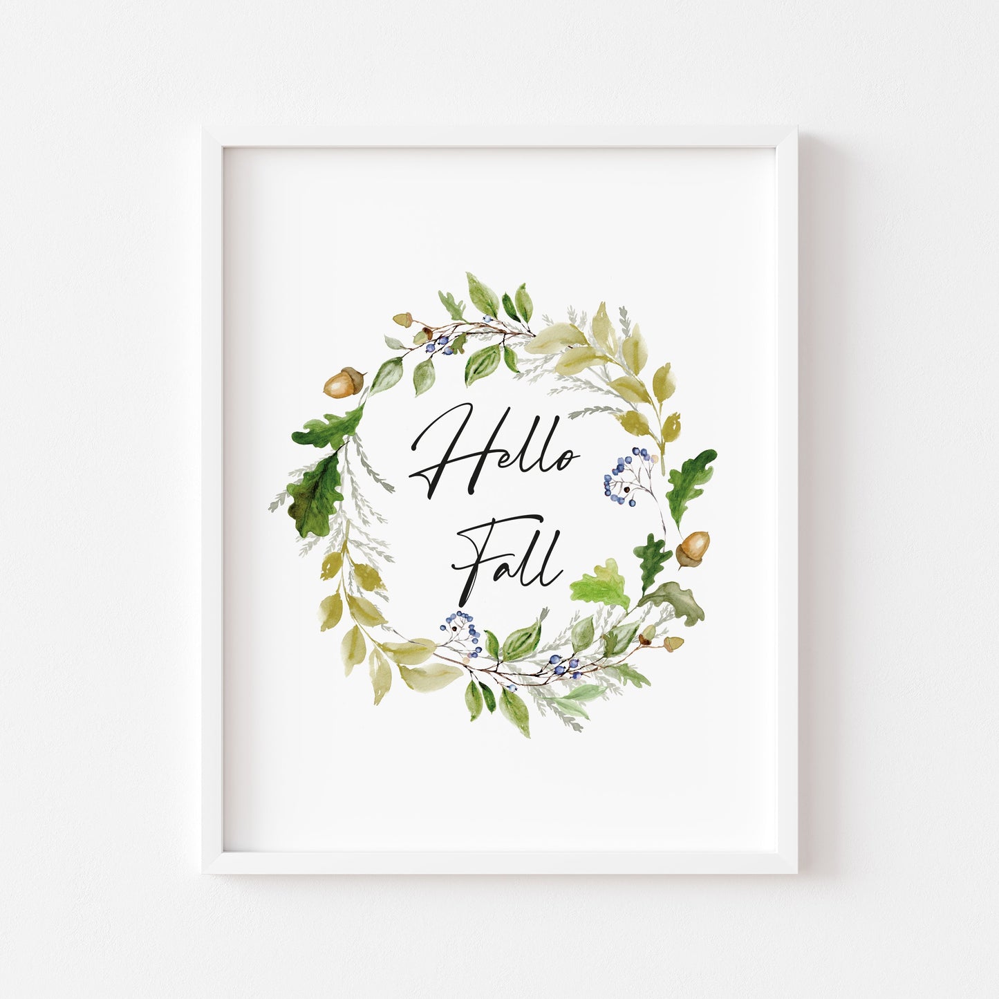 Hello Fall Acorn foliage wreath watercolour seasonal unframed wall art poster print
