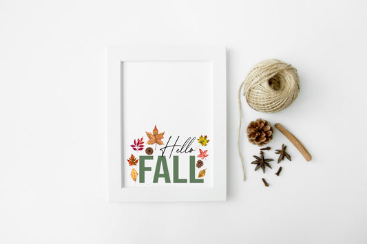 Hello Fall, watercolour autumn leaves & pinecones seasonal unframed wall art poster print