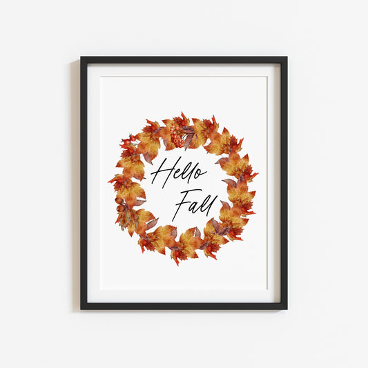 Hello Fall orange red leaves wreath autumn leaves illustration unframed wall art poster print