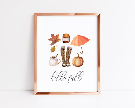 Hello Fall, Autumn favourites watercolour seasonal unframed wall art poster print