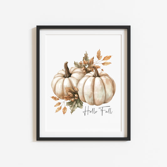 Autumn print Hello Fall Pumpkin & leaves seasonal Fall home decor unframed wall art poster print