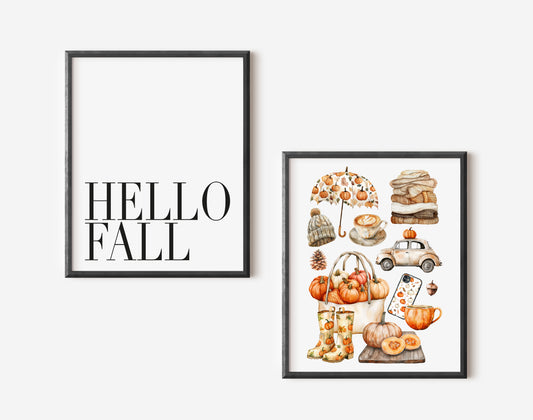 Set of 2 Autumn prints, Hello Fall, seasonal autumn favourites orange unframed wall art poster prints, seasonal decor, Autumn wall art set