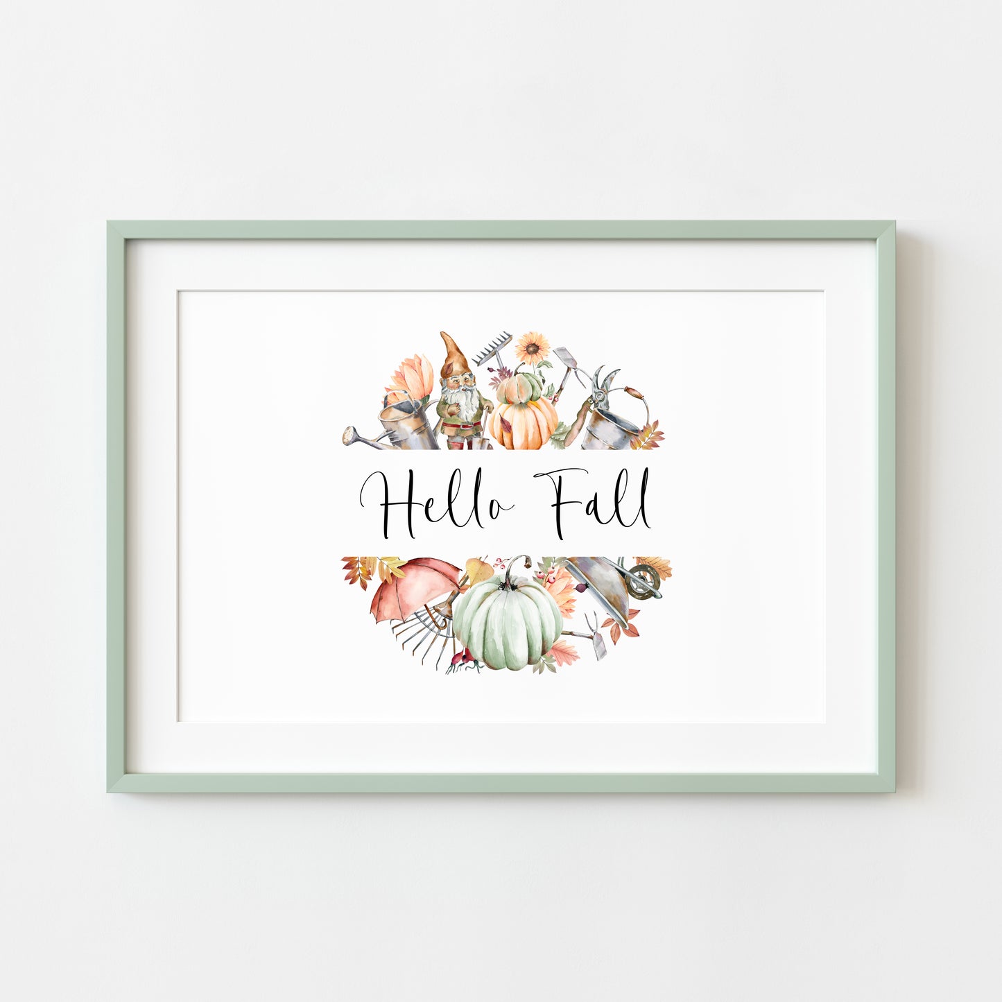 Hello Fall autumn accessories wreath watercolour landscape unframed wall art poster print