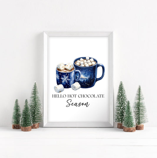 Hot Chocolate Christmas Blue Mugs Watercolour Kitchen unframed wall art poster print