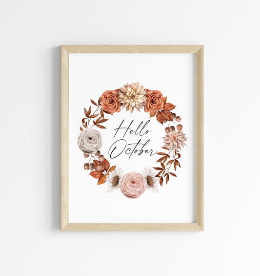 Hello October autumn watercolour orange and red floral wreath seasonal unframed wall art poster print