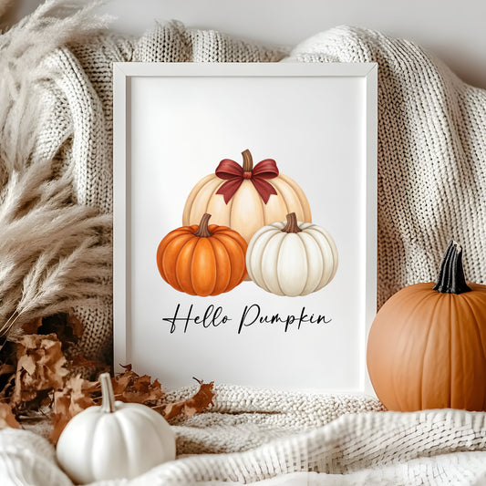 Autumn print, Hello Autumn Pumpkin trio watercolour unframed wall art poster