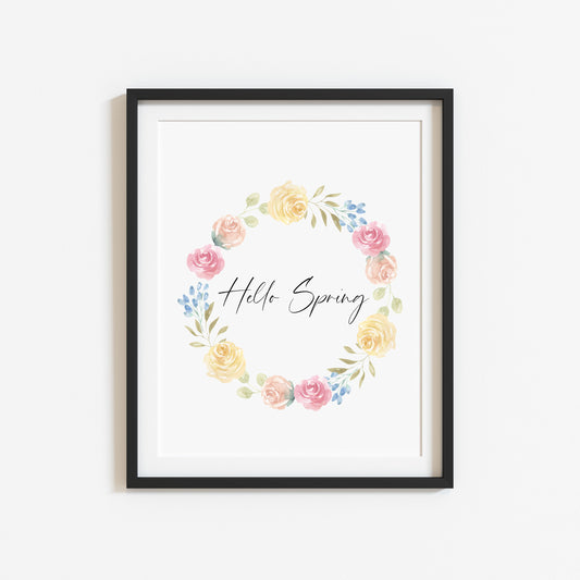 Hello Spring print floral blue pink purple yellow soft seasonal home bedroom unframed wall art poster print, spring accessories, spring art