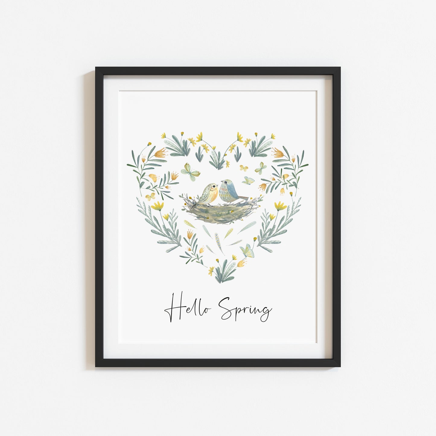 Hello spring watercolour floral heart spring birds bouquet seasonal unframed wall art poster print