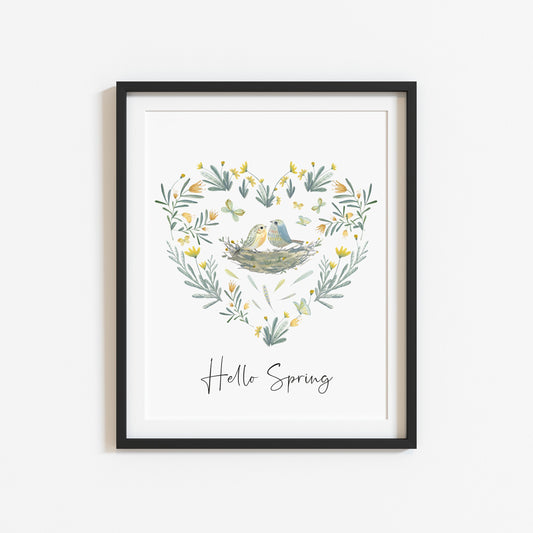 Hello spring watercolour floral heart spring birds bouquet seasonal unframed wall art poster print