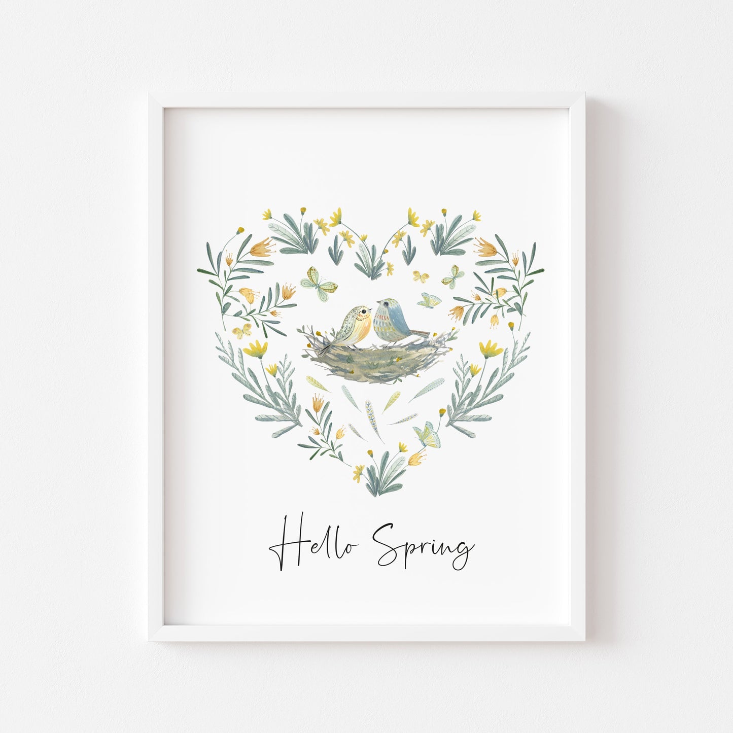 Hello spring watercolour floral heart spring birds bouquet seasonal unframed wall art poster print