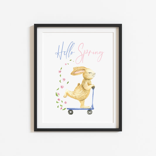 Hello Spring watercolour easter bunny blue & pink unframed wall art poster print