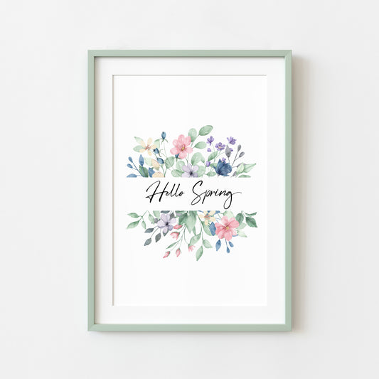 Hello Spring wildflower green, pink, purple watercolour floral wreath home unframed wall art poster print