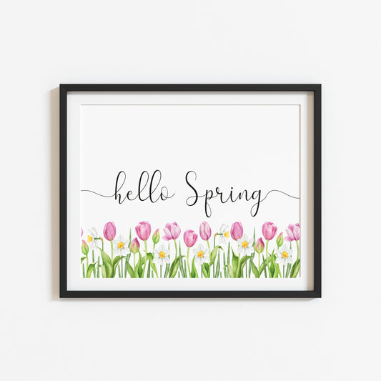 Hello spring pink tulips floral borderless watercolour landscape unframed wall art poster print