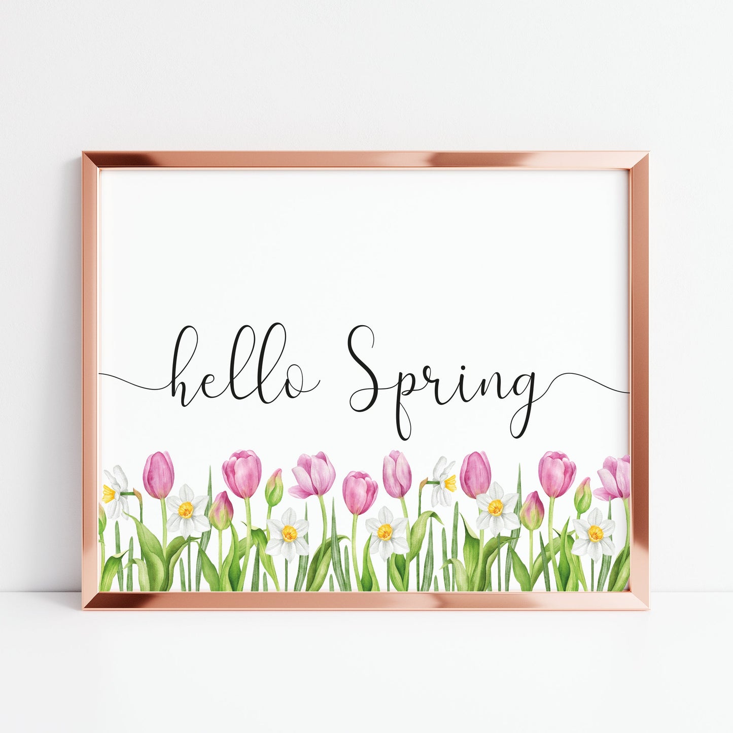 Hello spring pink tulips floral borderless watercolour landscape unframed wall art poster print