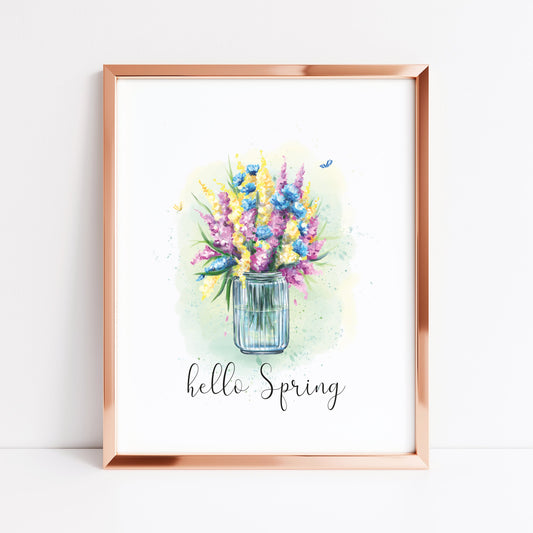 Hello spring watercolour floral jar of flowers pretty watercolour unframed wall art poster print