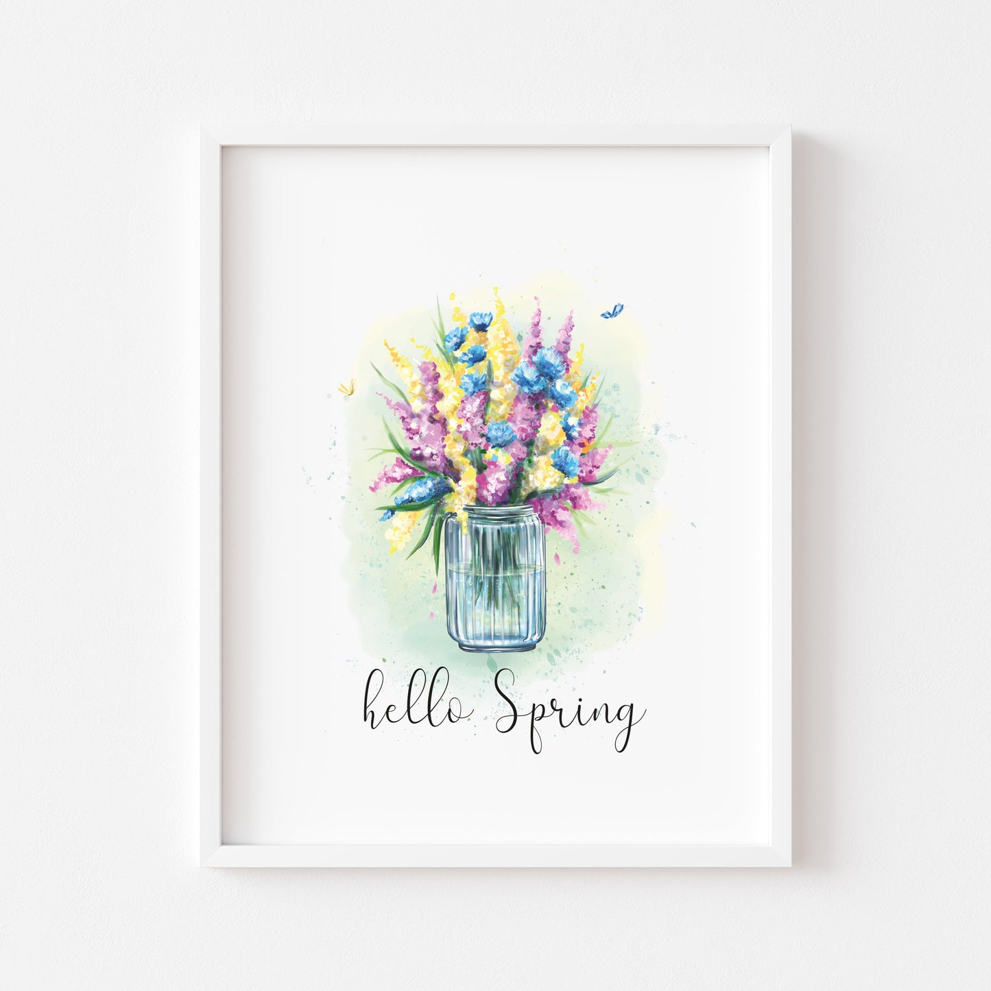 Hello spring watercolour floral jar of flowers pretty watercolour unframed wall art poster print