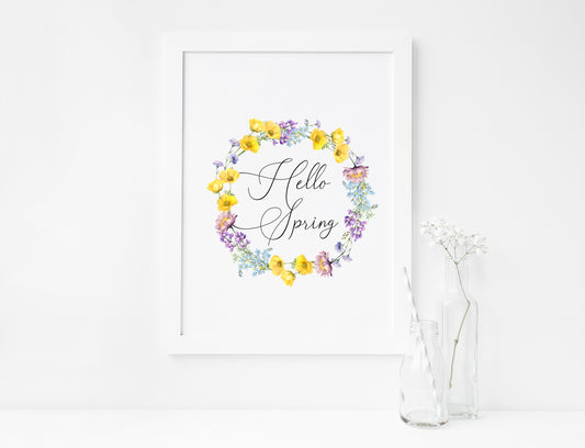 Hello Spring print, spring wreath, wildflower purple yellow green spring seasonal unframed wall art poster print