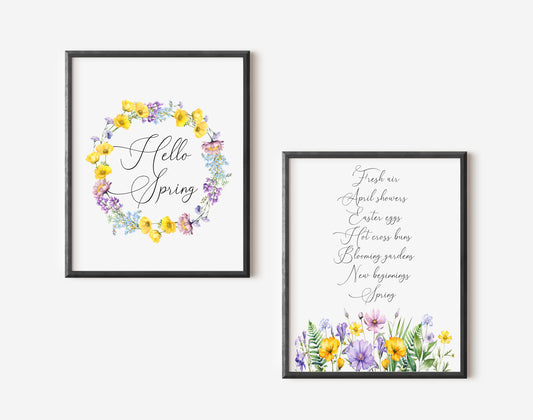 Set of 2 spring prints, spring favourites, hello spring wildflower seasonal unframed wall art poster prints, seasonal decor, spring wall art
