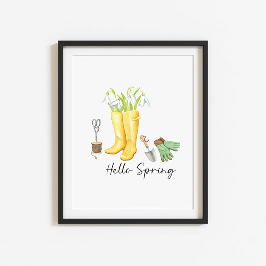 Hello spring yellow & green watercolour seasonal unframed wall art poster print