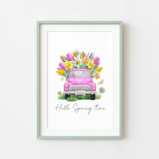 Hello Spring time, pink spring floral truck watercolour seasonal home bedroom unframed wall art poster print