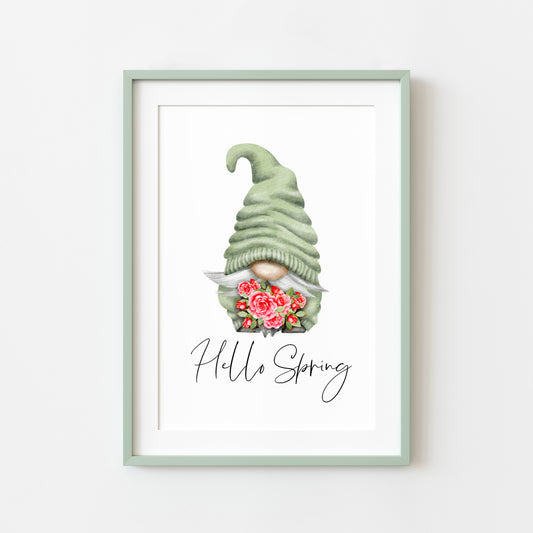 Hello Spring green gonk gnome gardening red roses flowers seasonal home bedroom unframed wall art poster print