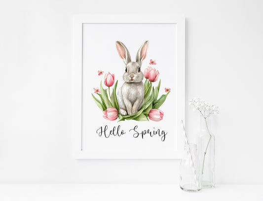 Hello Spring Easter Bunny rabbit pink tulips seasonal art spring home bedroom unframed wall art poster print