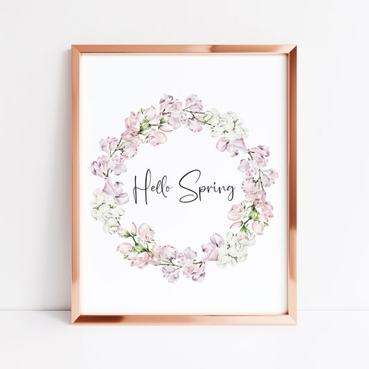 Hello Spring, pink & white floral watercolour wreath spring seasonal unframed wall art poster print