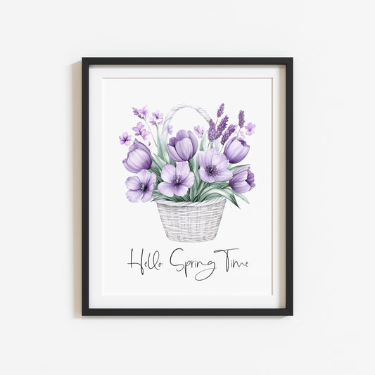 Hello Spring time print floral lilac purple flower basket seasonal home art unframed wall art poster print, spring accessories, spring art