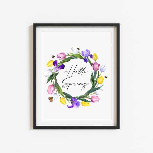 Hello Spring pink, purple, yellow watercolour tulips & bees seasonal home art bedroom unframed wall art poster print