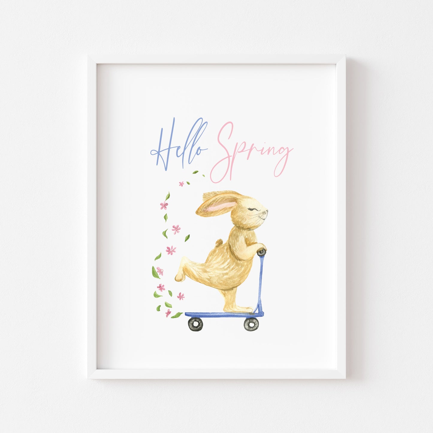 Hello Spring watercolour easter bunny blue & pink unframed wall art poster print