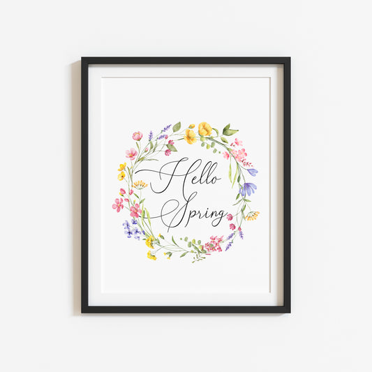 Hello Spring wildflower green, pink, purple & yellow watercolour seasonal home bedroom unframed wall art poster print