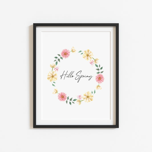 Hello spring watercolour floral wreath pink yellow seasonal unframed wall art poster print