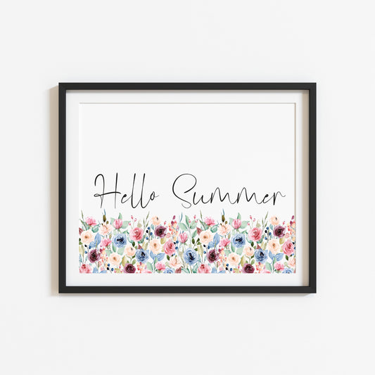 Summer print Hello summer pink and blue borderless watercolour landscape seasonal unframed wall art poster print