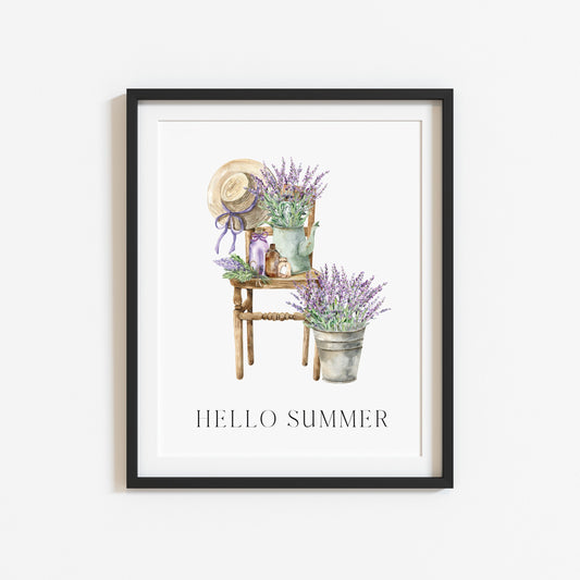 Summer print, Hello summer lavender chair styled seasonal unframed wall art poster print