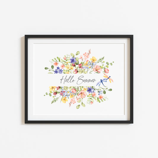 Hello summer landscape watercolour floral wreath dragonfly summer home wall art unframed poster print